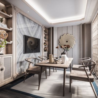 新中式禅意茶室 新中式餐桌椅 茶桌椅 吊灯 书柜 屏风 隔断 茶具 摆设3D模型