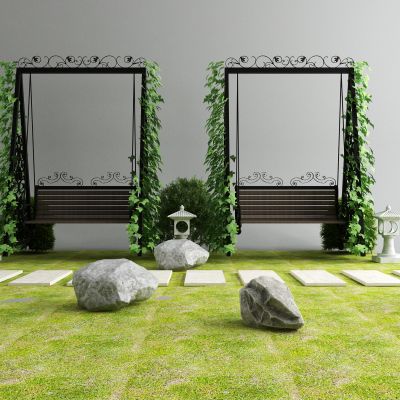 现代秋千 庭院景观 植物 草地 石头