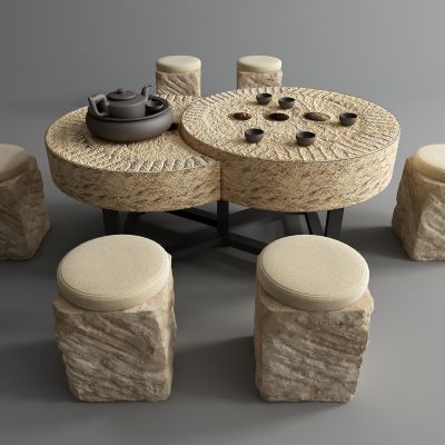 现代室外桌凳 石墩  石凳 石磨 庭院石桌椅