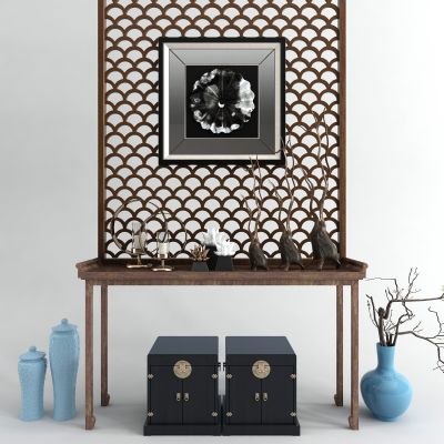 新中式案几箱子组合 莲蓬画 将军罐 干枝花艺