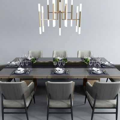 后现代餐桌椅 金属吊灯 餐具