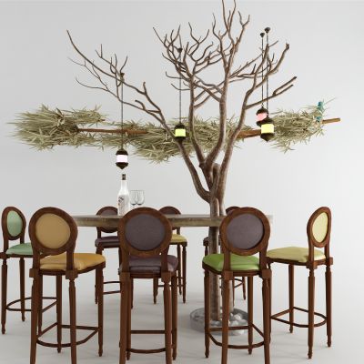 工业风吧台 树干 竹叶