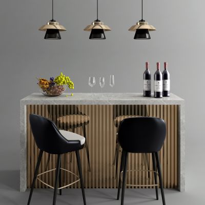 后现代吧台 吧椅 吊灯 红酒