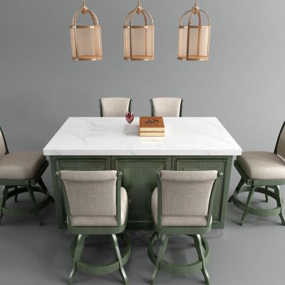 美式厨房中岛台 吧椅 铁艺吊灯