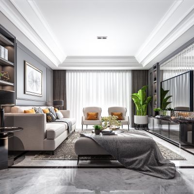 简欧客餐厅 简欧沙发 简欧餐桌 吊灯 电视柜