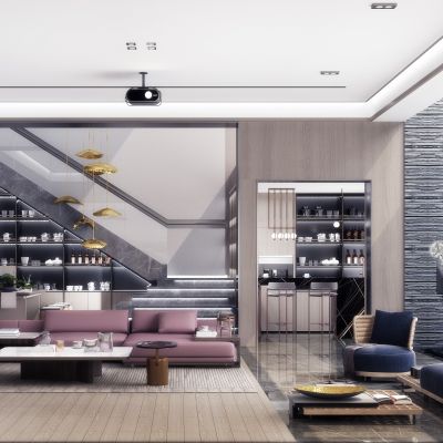 现代简约客厅 沙发茶几组合 地下室采光井