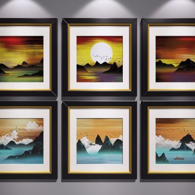 新中式装饰挂画 山水画 艺术画 三联画 水墨画