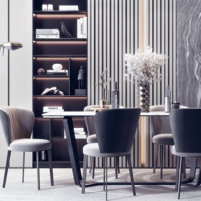 现代餐桌椅 花卉 摆件书柜