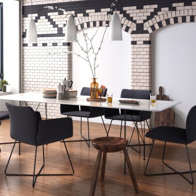 现代餐厅 餐桌椅组合 吊灯 送餐手推车