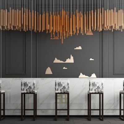 新中式大理石前台接待台收银台酒吧台吊灯组合