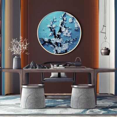 新中式茶桌椅书柜摆件组合 茶具 凳子 中式单椅 饰品