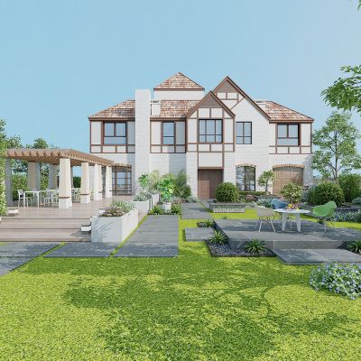 现代别墅庭院景观，绿植，植物堆，植物墙，花草树木，休闲平台，凉亭，廊架，花箱