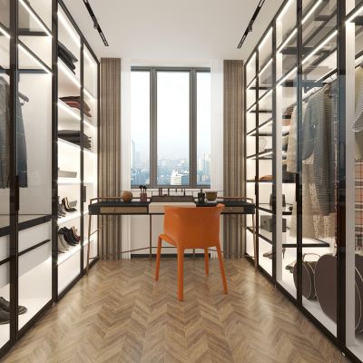 现代衣帽间，玻璃门衣柜，储物柜，梳妆台