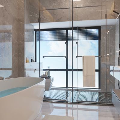 现代卫生间，浴室，卫浴用品，浴缸，淋浴房，镜柜，洗手台，浴室柜