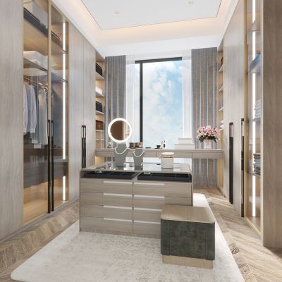 现代衣帽间，衣柜，储物柜，梳妆台，珠宝首饰柜