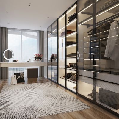 现代衣帽间，玻璃门衣柜，储物柜，梳妆台