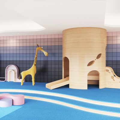 现代儿童乐园，幼儿园娱乐室，娱乐设施，滑滑梯，异形休闲椅，储物柜架，长颈鹿