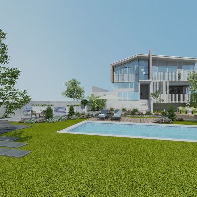 现代别墅庭院景观，绿植，植物堆，花草树木，休闲平台，泳池，休闲躺椅，遮阳伞