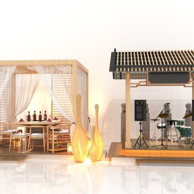 新中式凉亭，亭子，楼台，音乐器材，架子鼓，凉亭餐厅，餐桌椅，室外休闲凉亭