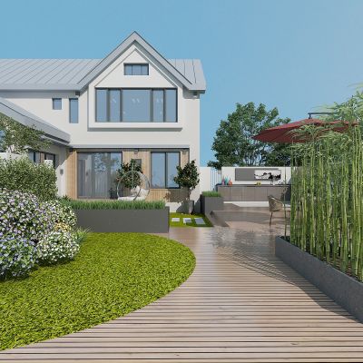 现代别墅庭院景观，绿植，植物堆，竹子，花草树木，休闲平台，摇椅，遮阳伞