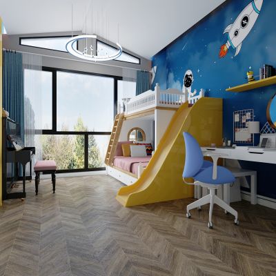 现代儿童房卧室，上下床，高低床，滑滑梯床，书柜，储物柜，衣柜，钢琴，书桌