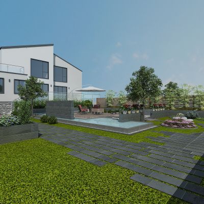 现代别墅庭院景观，绿植，植物堆，木栅栏，花草树木，休闲平台，水池