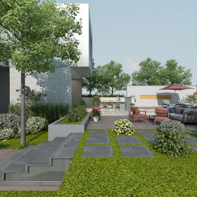 现代别墅庭院景观，绿植，植物堆，植物墙，花草树木，休闲平台，院墙，躺椅