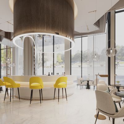 现代售楼处休息区，洽谈区，服务区，圆形服务台，圆柱造型，吧台，吧椅，洽谈桌椅