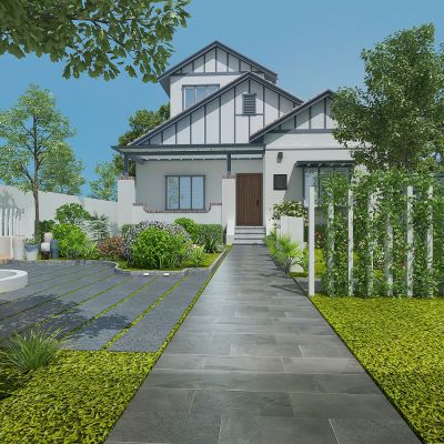 现代别墅庭院景观，绿植，植物堆，植物墙，藤蔓，花草树木，休闲平台，雕塑