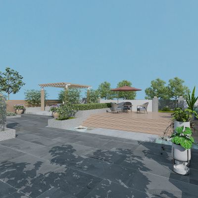 现代别墅庭院景观，绿植，植物堆，绿化带，花草树木，休闲平台，竹子，廊亭