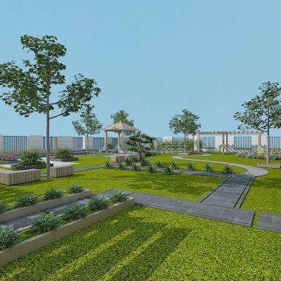 现代别墅庭院露台景观，绿植，植物堆，植物墙，花草树木，休闲平台，凉亭，廊架