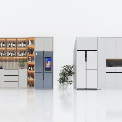 现代轻奢餐厅酒柜，冰箱转角酒柜，双开门冰箱，储物柜