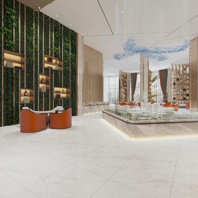 现代售楼处，小区楼盘销售中心，电子沙盘，植物墙屏风隔断，洽谈桌椅，吊灯