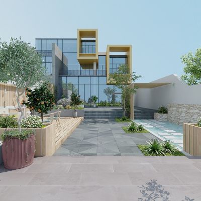 现代别墅庭院景观，绿植，植物堆，花草树木，休闲平台，水池，护栏，院墙