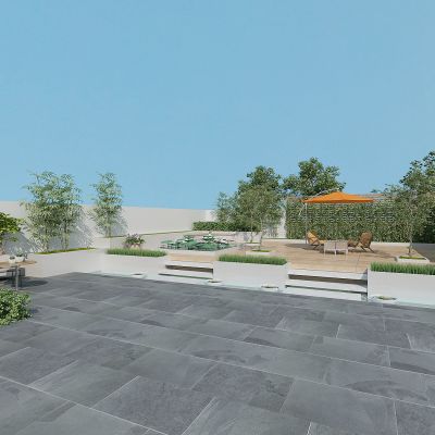 现代别墅庭院露台景观，绿植，植物堆，荷花池，花草树木，休闲平台，木栅栏