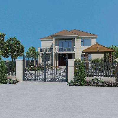 现代别墅庭院景观，绿植，植物堆，花草树木，休闲平台，亭子，凉亭，院墙，铁艺院门