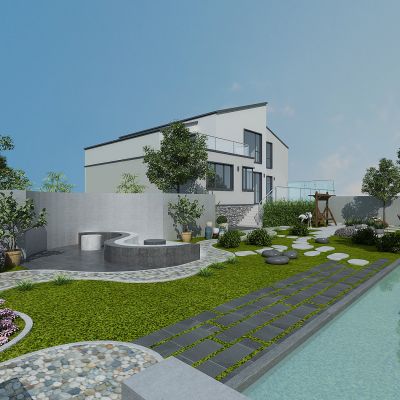 现代别墅庭院景观，绿植，植物堆，植物墙，花草树木，休闲平台，秋千，水池