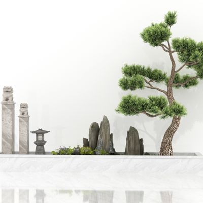 现代玄关景观小品，入户景观，狮子头立柱，景观山石，迎客松，石头