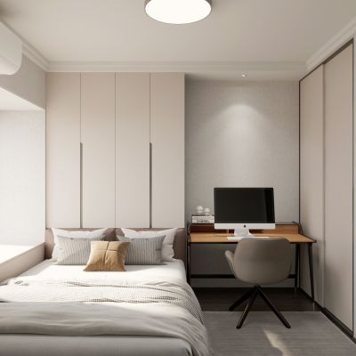 现代榻榻米卧室 书桌 椅子 衣柜 吸顶灯 空调 飘窗 地毯