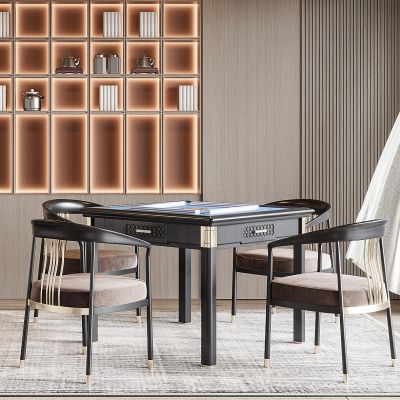 新中式，棋牌室，棋牌桌椅，背景墙，置物架，休闲桌，吊灯