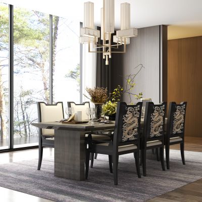 新中式餐厅 餐桌椅 吊灯 餐具 饰品