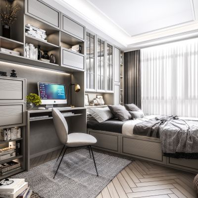 北欧现代榻榻米卧室 榻榻米 书房 书桌 单椅
