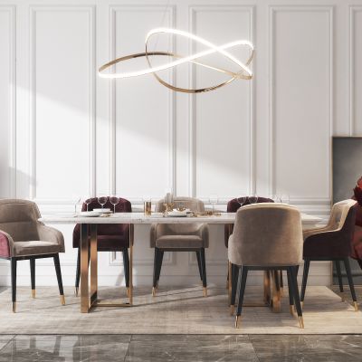 现代餐桌椅 吊灯 摆件 餐具 椅子 餐桌 雕塑