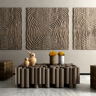 中式木头摆件组合 茶几 墩子 挂画