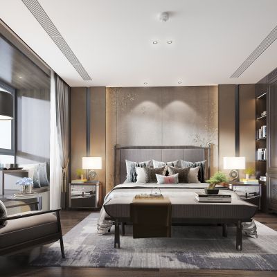 新中式卧室 床 床尾榻 椅子 衣柜 床头柜 台灯 装饰品