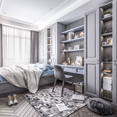 北欧现代榻榻米卧室 书房 书桌 单椅 书柜 衣柜书桌