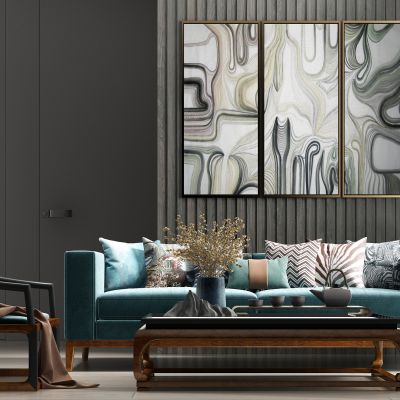 新中式轻奢休闲绒布多人沙发 茶几饰品组合