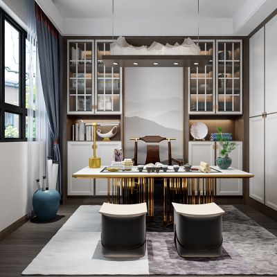 新中式书房 书柜 书桌 禅意吊灯