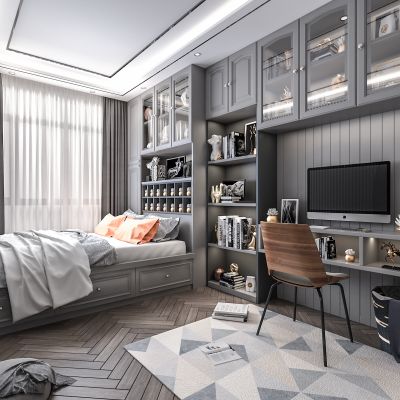 北欧现代榻榻米卧室 书桌 单椅 书柜 衣柜书桌