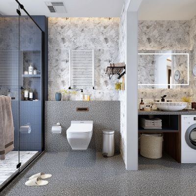 现代卫生间 马桶淋浴隔断洗手台洗衣机浴室镜